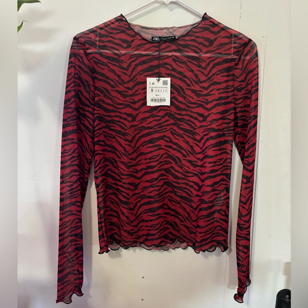 Sheer Zara long sleeve top, Size Small, red animal print